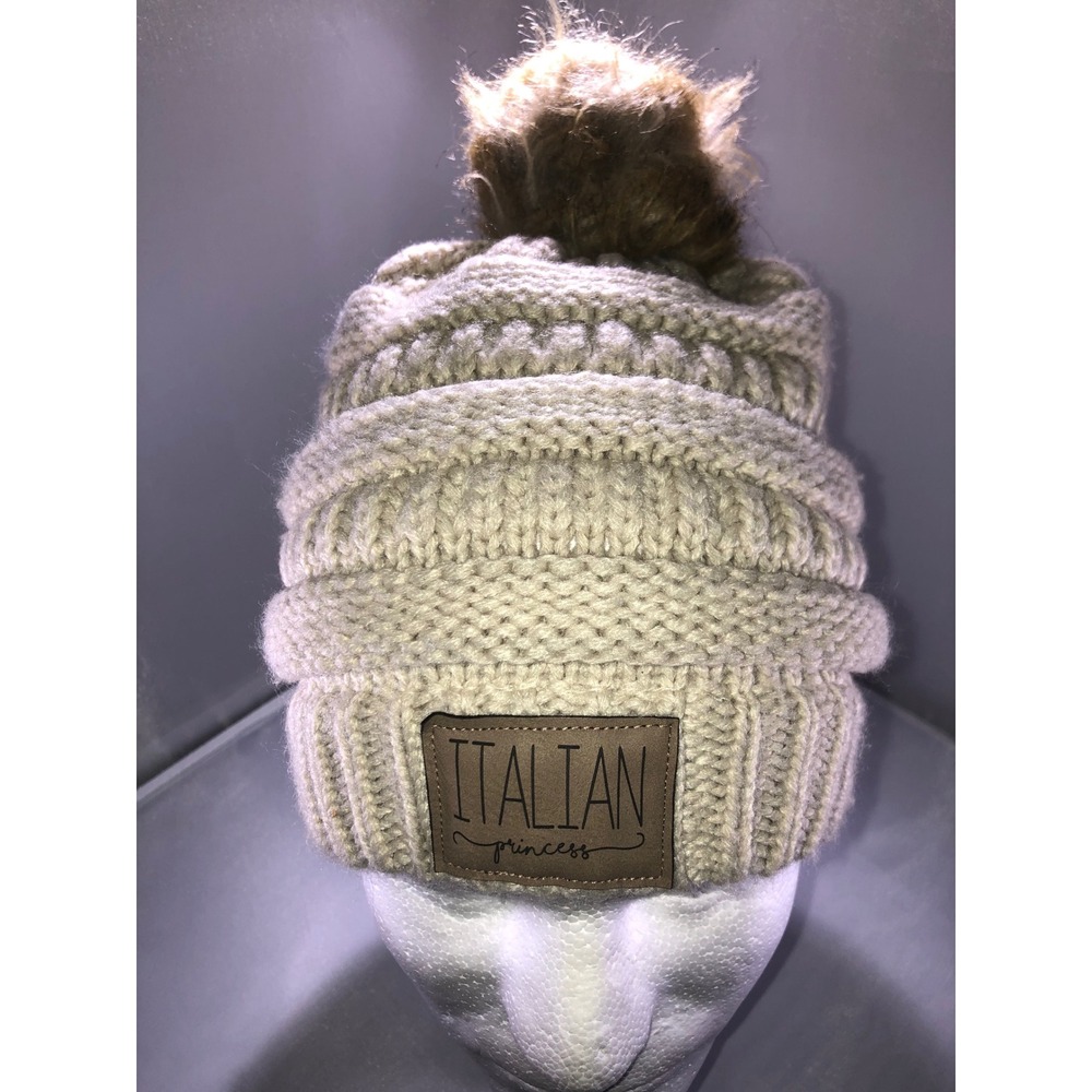 C.C Exclusives Italian Princess Beanie Beige Cable Knit Pom Pom Hat RN 88320